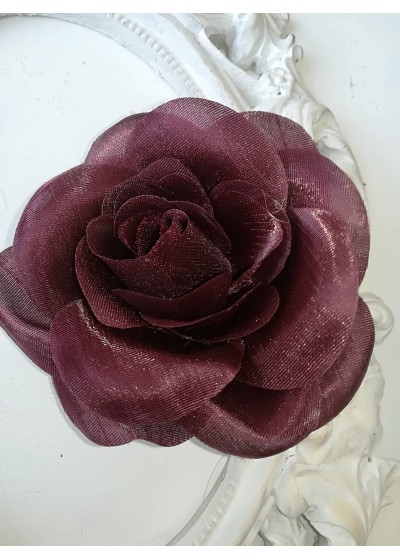 Роза от сатен за коса и брошка в цвят бордо